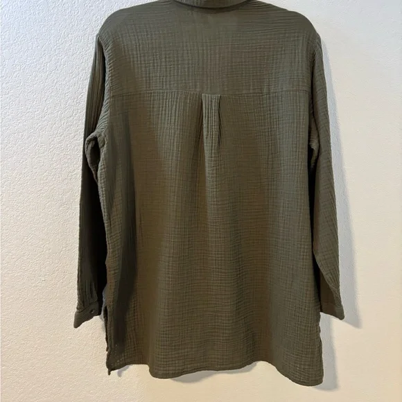 Eileen Fisher 100% Organic Cotton Gauze Tunic Top Olive Green Size M - Picture 2 of 4